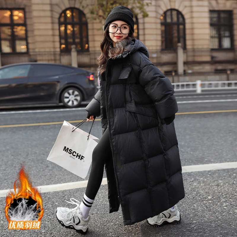 女童长款羽绒服2023新款洋气长款过膝连帽面包服白鸭绒保暖外套潮