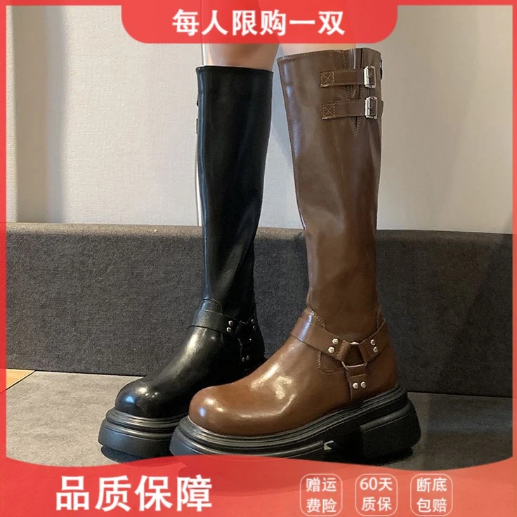 筒靴女2023秋款复古显瘦厚底帅气骑士靴潮