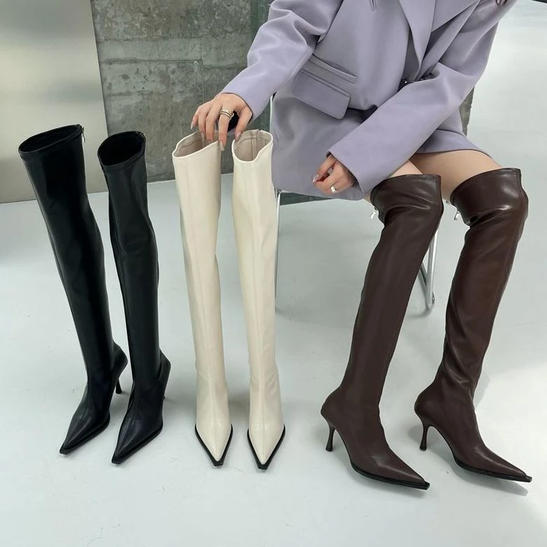 欧美弹力过膝瘦瘦女靴冬细跟尖头长靴性感显腿长骑士靴