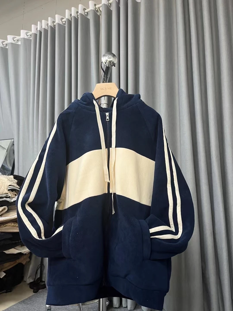 清仓外套卫衣—运动时尚百搭连帽宽松宽松条纹韩版拼接撞色拼色