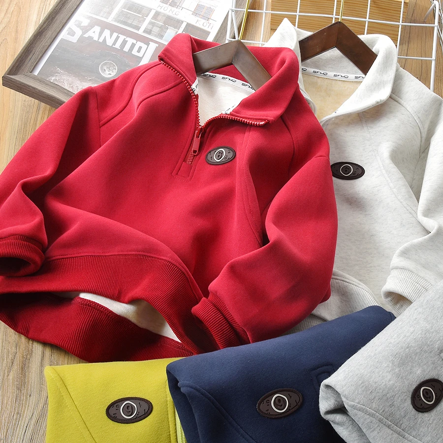 儿童冬季新款拼接加绒卫衣男童半拉链立领休闲百搭上衣24D42