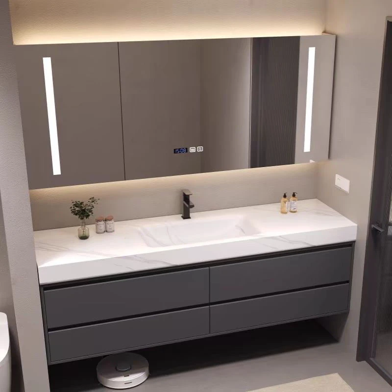 现代岩板无缝一体陶瓷浴室柜组合定制卫生间洗漱洗手盆洗脸盆定制