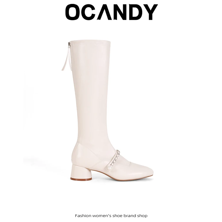 白月光~大叔家气质方头柳钉高跟弹力瘦瘦长靴