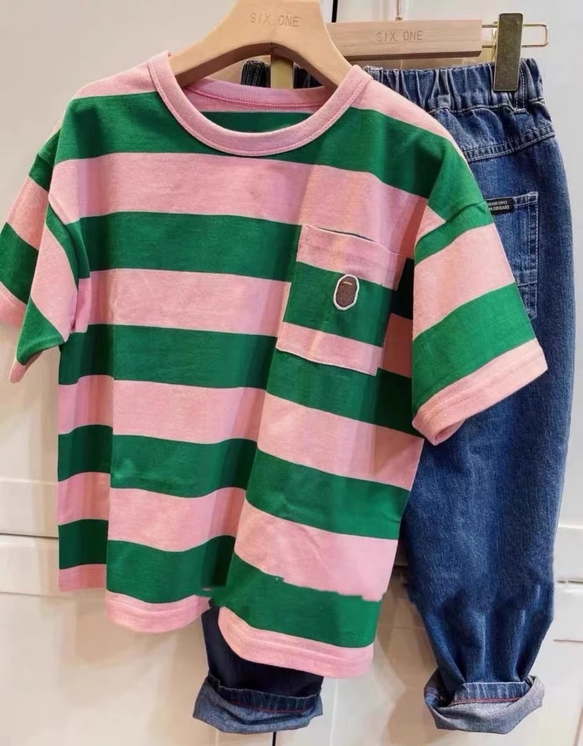 Senmei 夏季定制男女儿童彩色条纹短袖上衣