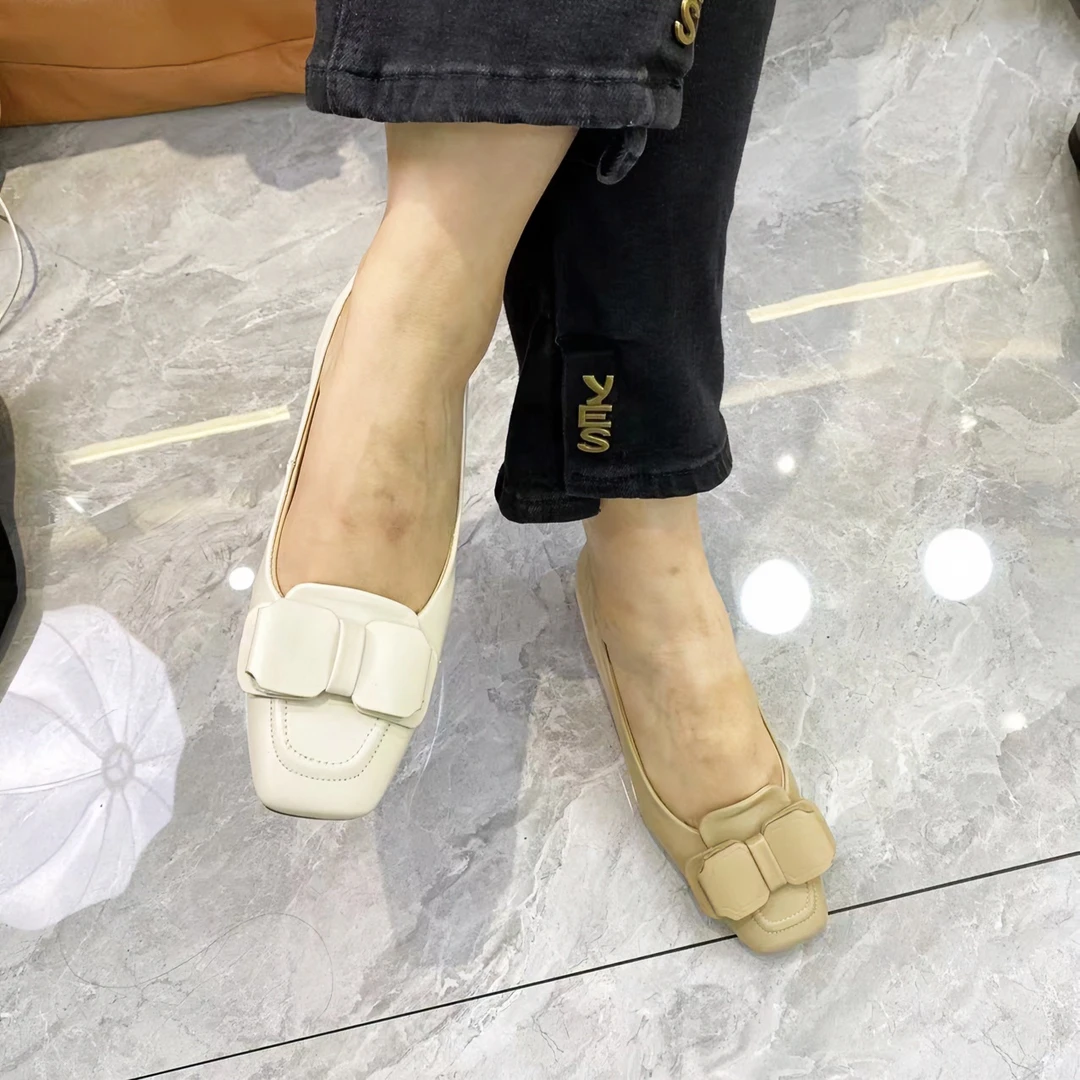 钎美骐新款法式蝴蝶结百搭羊皮方头舒适中跟女鞋通用品牌女鞋