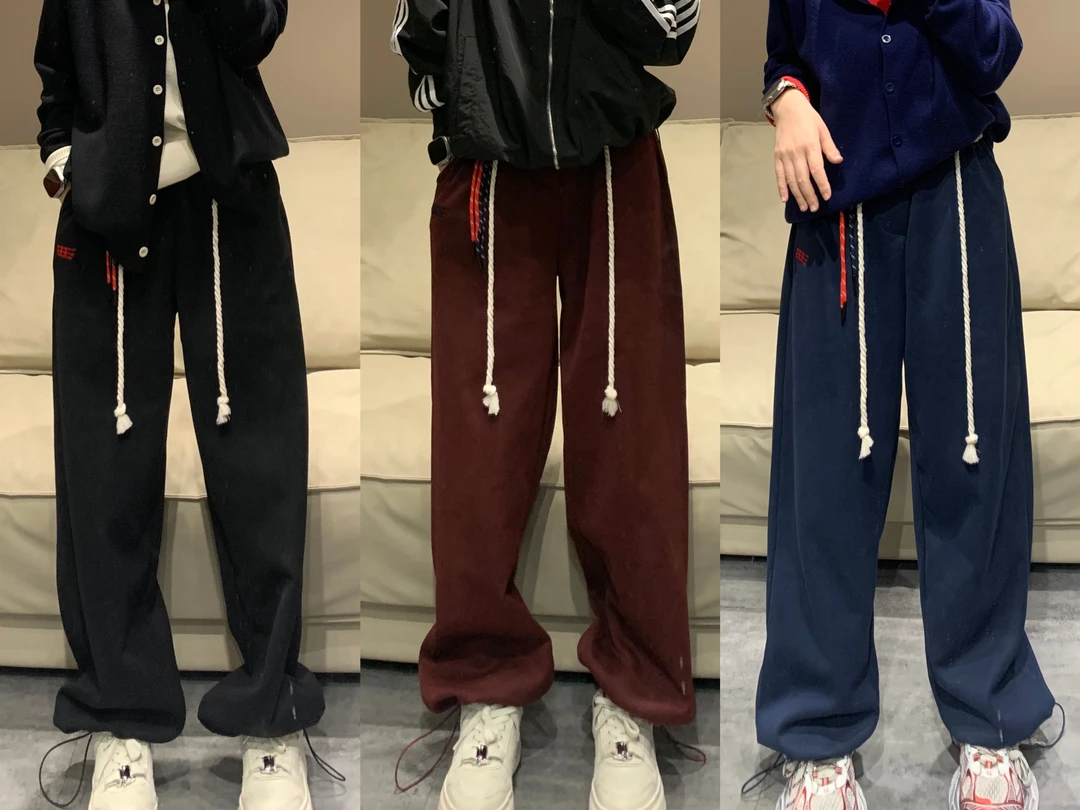 肆玖嘉显瘦美式运动休闲裤抽绳拼接韩版直筒长裤阔腿裤嘻哈拖地裤