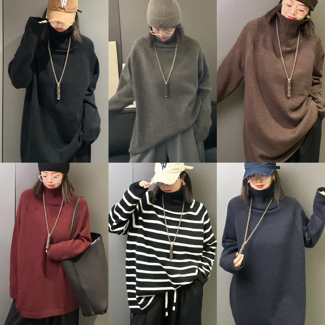 肆玖嘉宽松韩版长袖毛衫时尚软糯打底针织衫复古慵懒风高领毛衣