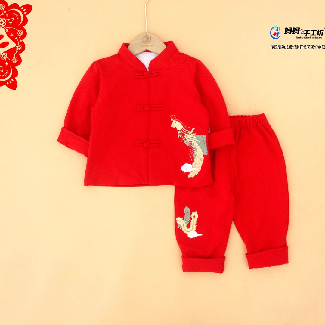 妈妈的手工坊宝宝汉服套装大红色国风唐装婴儿抓周服周岁服（青羽）