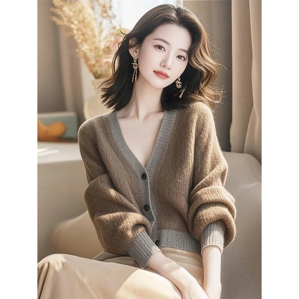 秋装独特别致超好看上衣美拉德复古慵懒风咖色v领毛衣针织开衫女