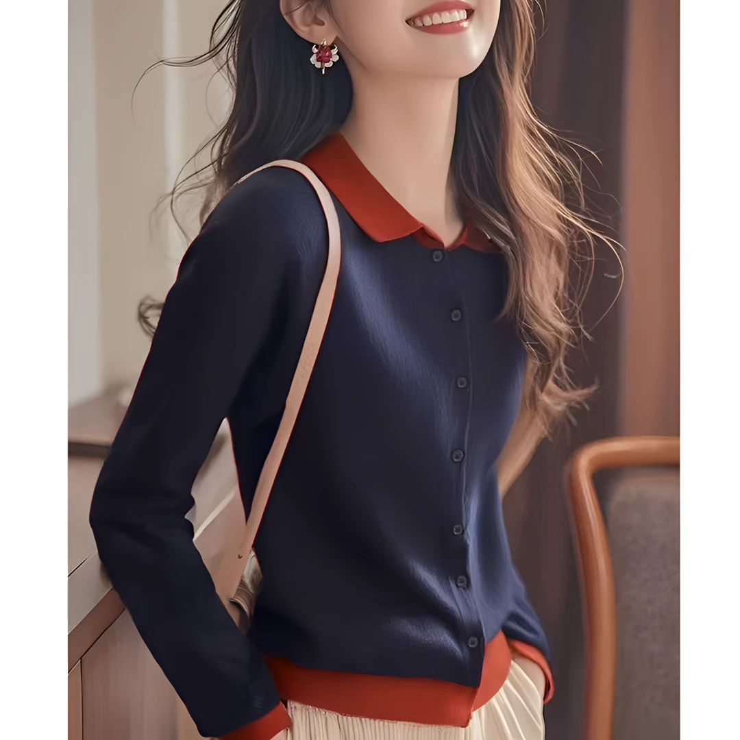 假两件韩系复古上衣2024年秋冬拼色女新品轻熟百搭显瘦减龄针织衫