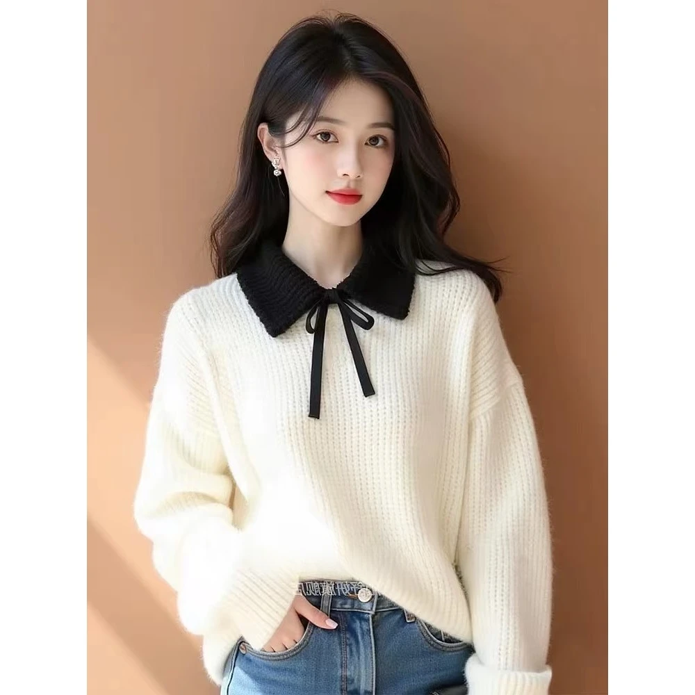 独特超好看白色翻领蝴蝶结毛衣女2024新款慵懒高级感粗线针织上衣