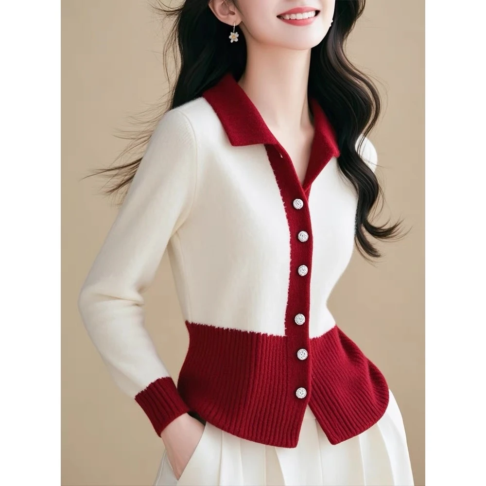 时尚精致优雅风红白撞色翻领长袖毛针织开衫女秋冬款好看软糯小衫