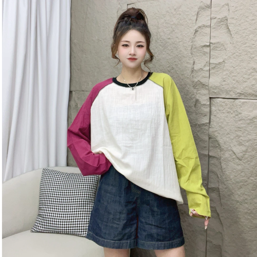 新款时尚百搭撞色拼接棉麻长袖宽松休闲圆领拼色防晒衣5207
