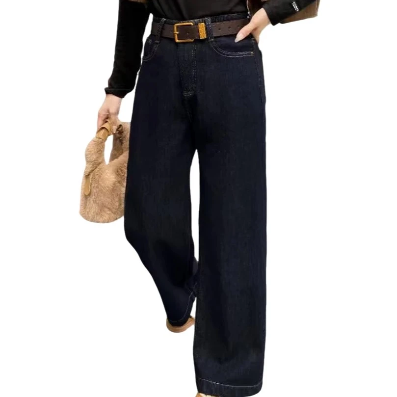 【琴琴家】新款显瘦高腰直筒高腰阔腿百搭加绒深蓝色牛仔裤99109