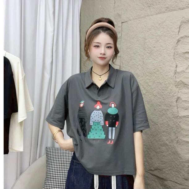 高考毕业季显瘦休闲宽松印花翻领卡通小众减龄百搭洋气T恤5167
