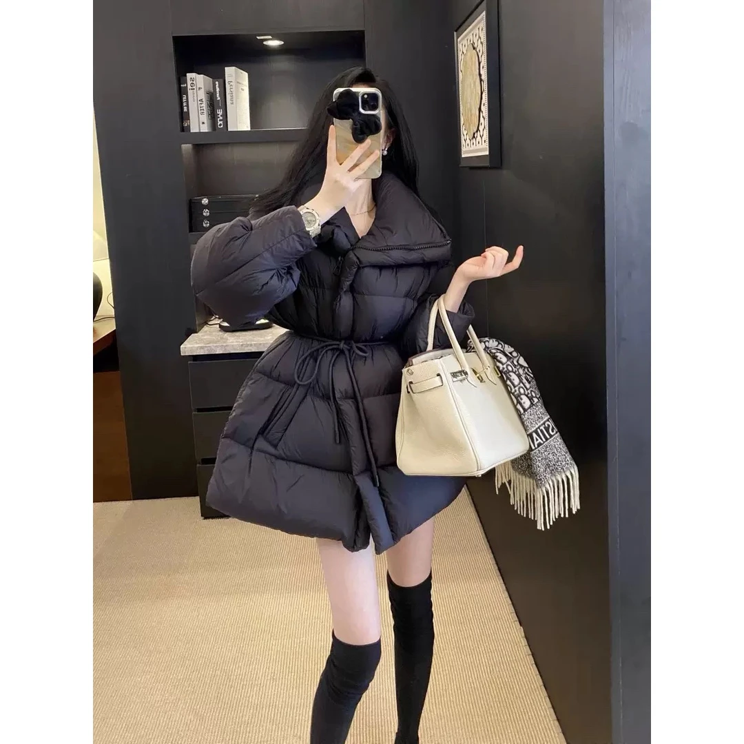 【保暖羽绒服】90白鹅绒 大翻领抽绳收腰中长款鹅绒服 JYYRJN8807