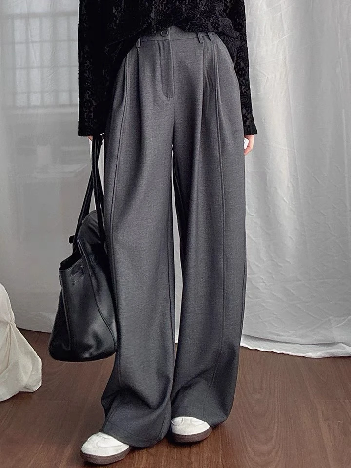 休闲裤女秋季新款西裤韩版高腰阔腿西裤垂感宽松西装裤K34