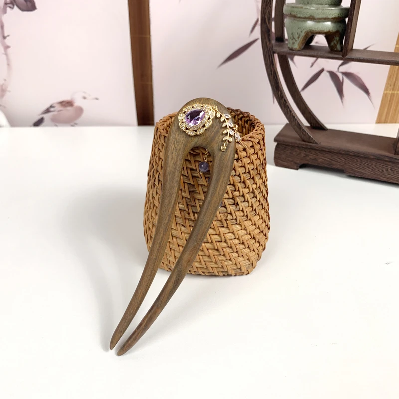 15CM天然绿檀木簪子女有香味发钗U型发簪双脚钗原创设计发饰头饰