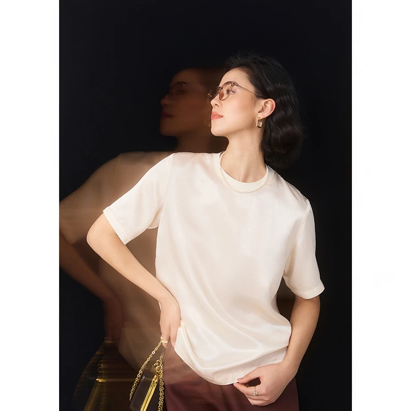 鲸乎光泽缎面醋酸时髦圆领宽松短袖t恤女高级极简25夏季新款