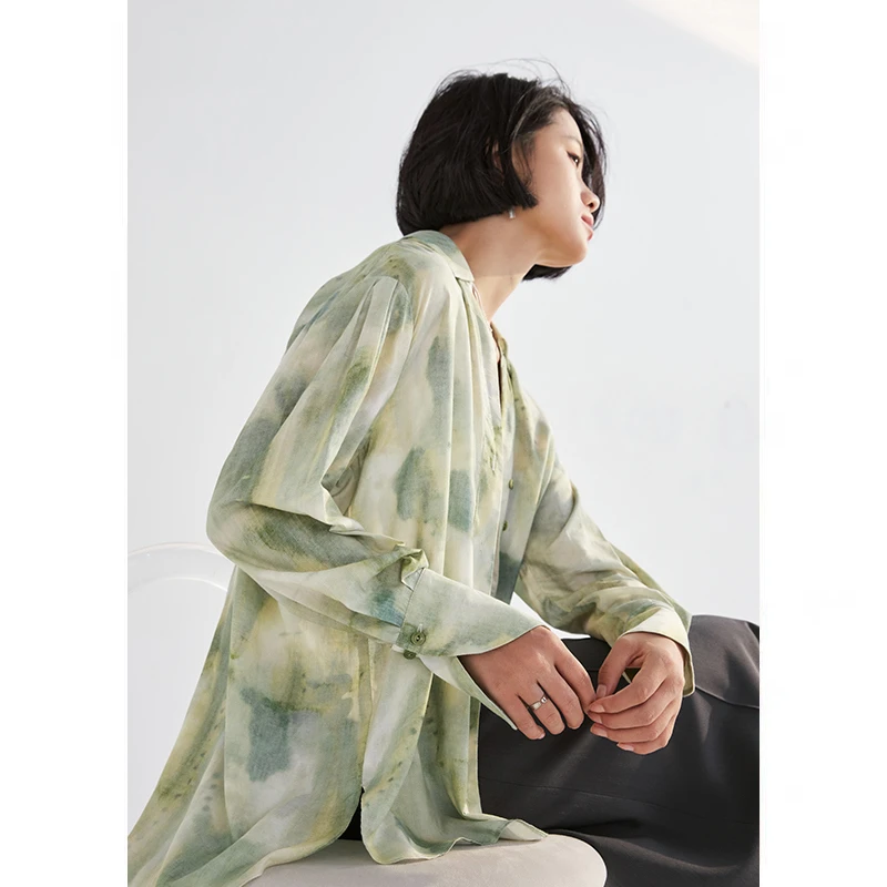 鲸乎花衬衣2023新款女时尚洋气高端长袖晕染复古风宽松衬衫