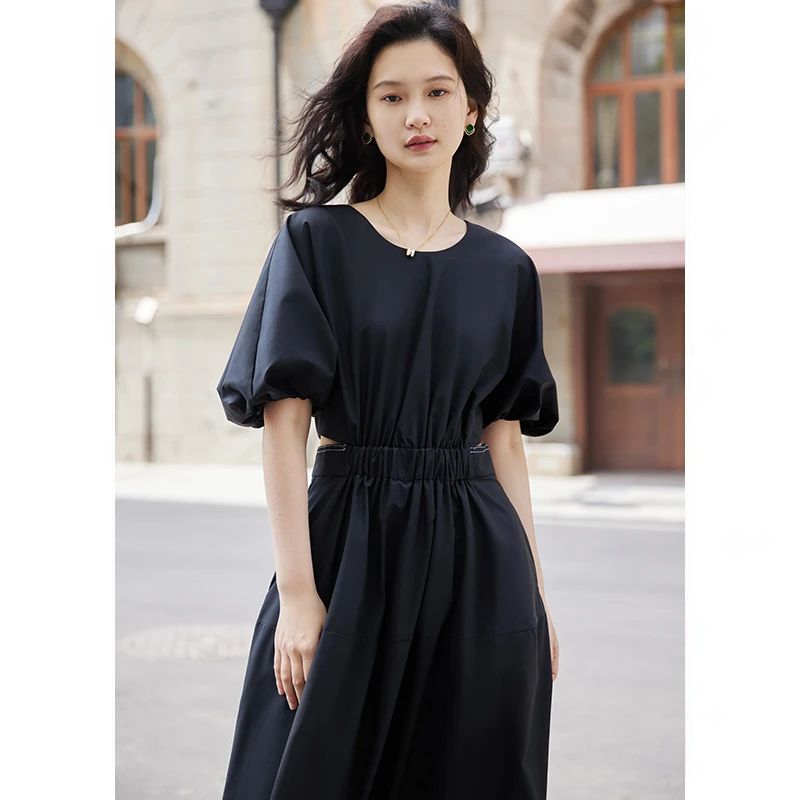 jing鲸乎灯笼袖女士连衣裙新款2023夏季黑色镂空高级感休闲小个子