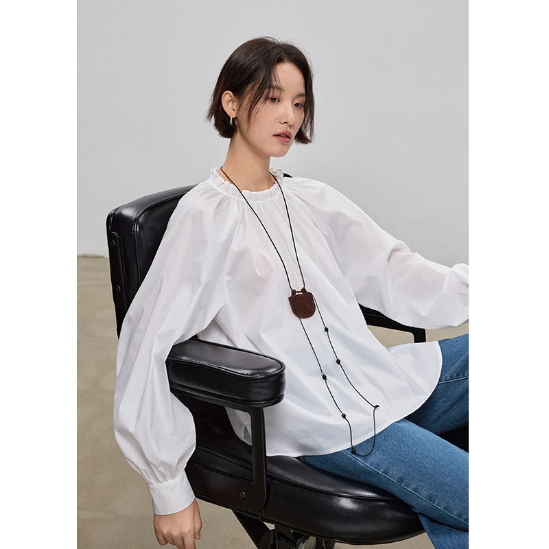 鲸乎【抢先购】法式立领木耳边设计白色衬衫女2025春通勤衬衣