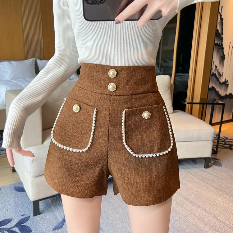 小香风重工钉珠高档休闲短裤女秋冬设计感小众小个子高腰阔腿裤子