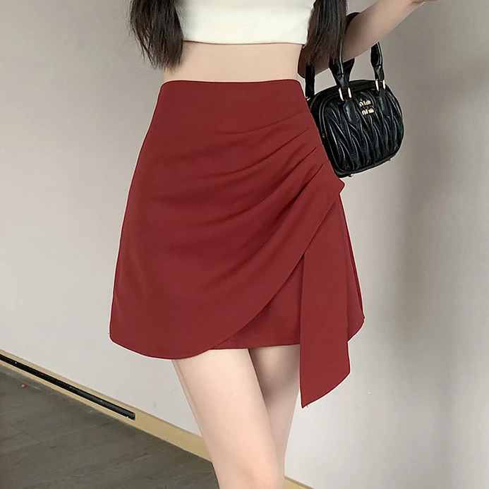 高腰不规则褶皱短裙女夏季设计感韩版休闲百搭a字半身裙包臀裙子