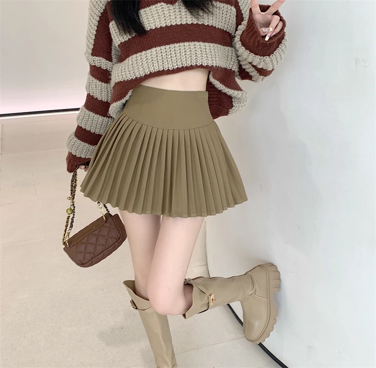 小个子百褶裙子卡其色防走光毛呢半身裙女秋季辣妹高腰a字短裙潮