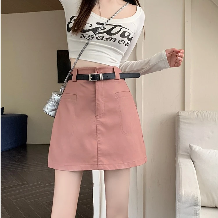 配腰带2023潮秋新款半身裙高腰A字版百搭pu皮裙显瘦显腿长短裙子