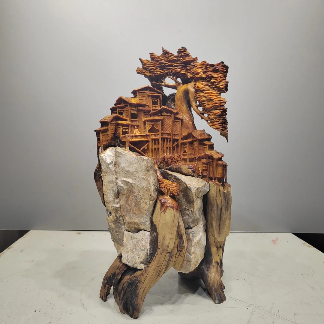 崖上人家，北太行易县料山水摆件，高油高密纯手工雕刻匠心之作