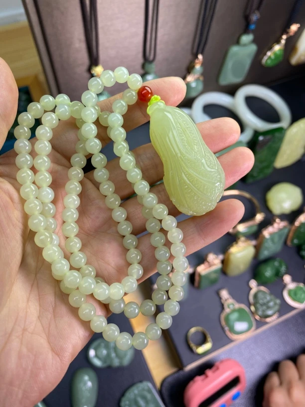 和田玉黄玉白菜➕佛珠一套，结缘款