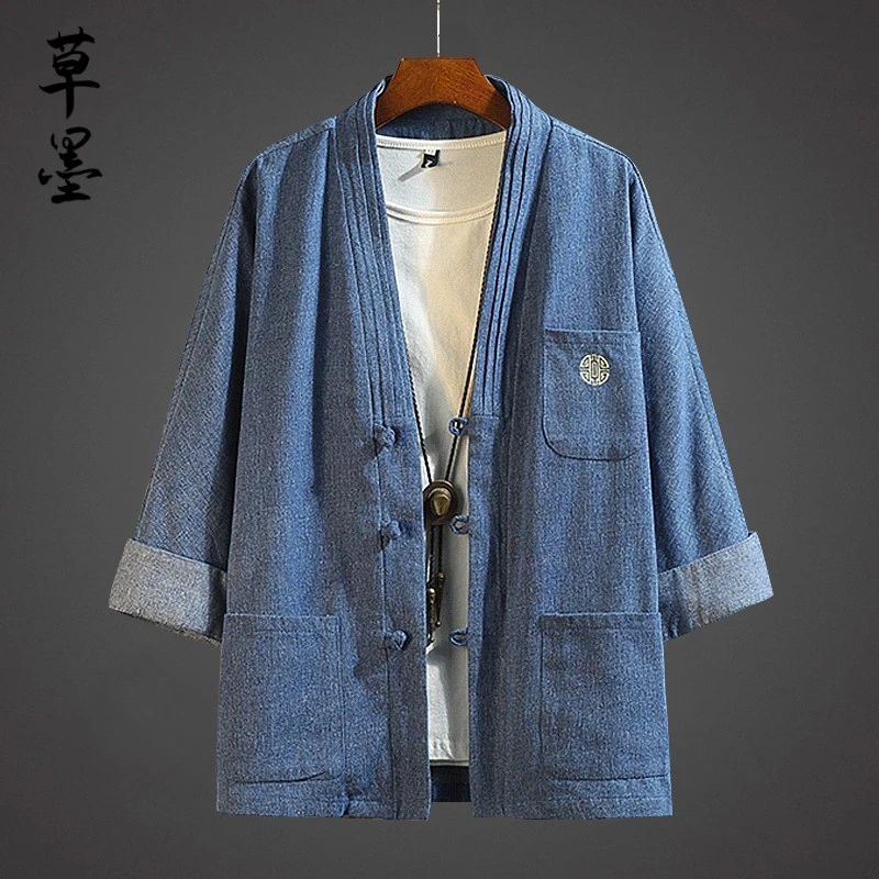春季中国风牛仔开衫外套男宽松盘扣唐装古风汉服中式茶服古装道袍