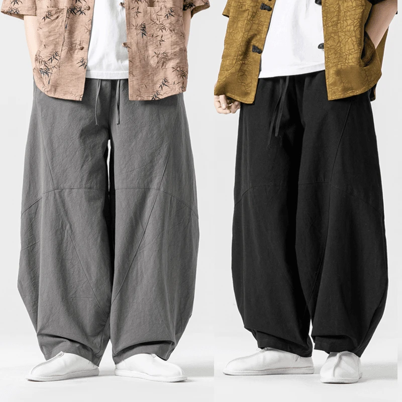 太极裤男中国风春夏大码武术练功裤阔腿宽松灯笼裤棉麻功夫长裤子