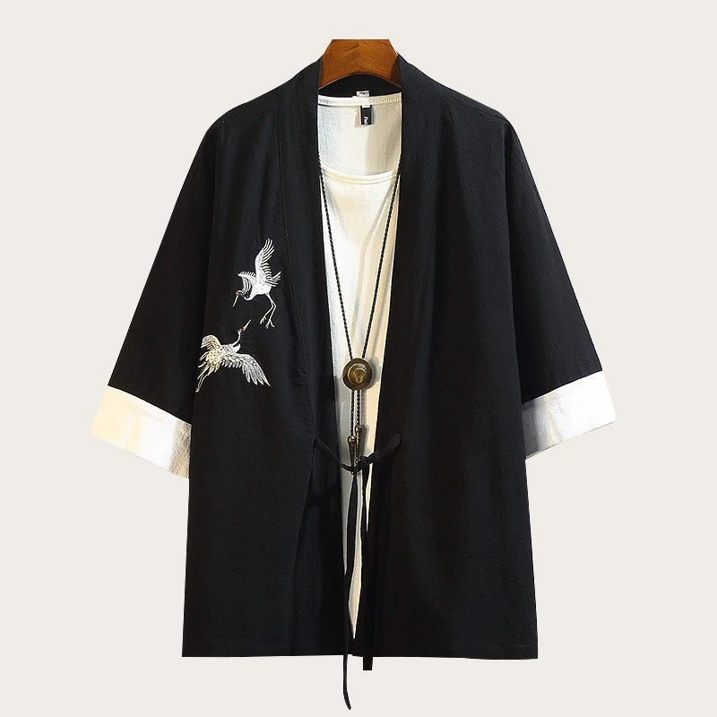 古风唐装夏季中国风仙鹤刺绣外套汉服男古装宽松大码居士道袍道服