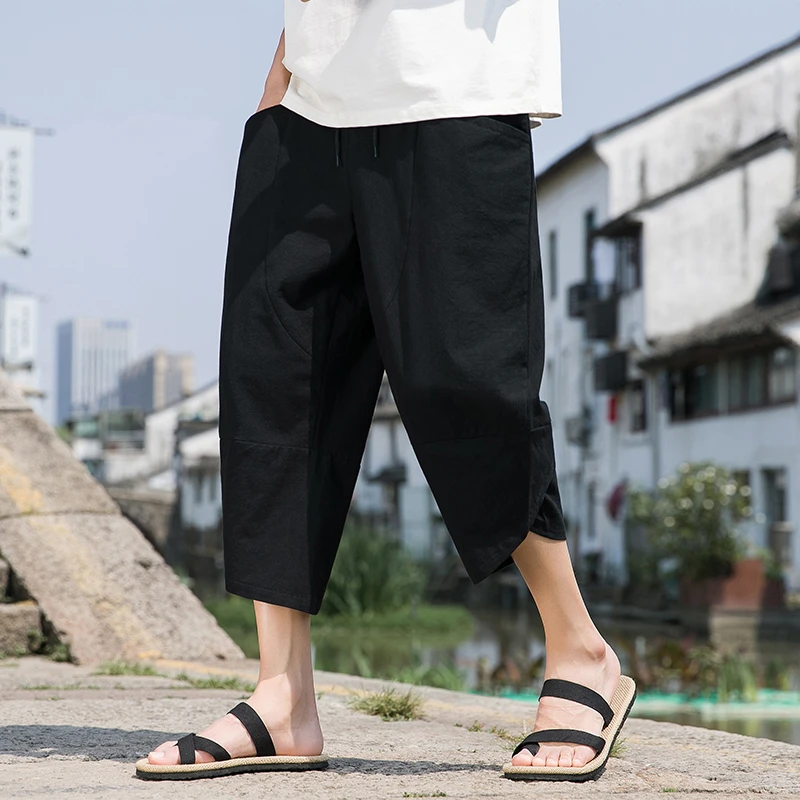 夏季纯棉薄款棉麻八分裤男士大码宽松休闲亚麻裤潮流胖子九分裤