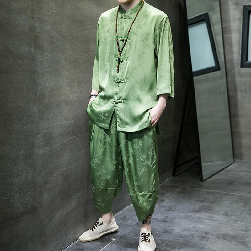 中国风男装夏季中式冰丝套装薄款盘扣衬衫复古风汉服古装青年唐装