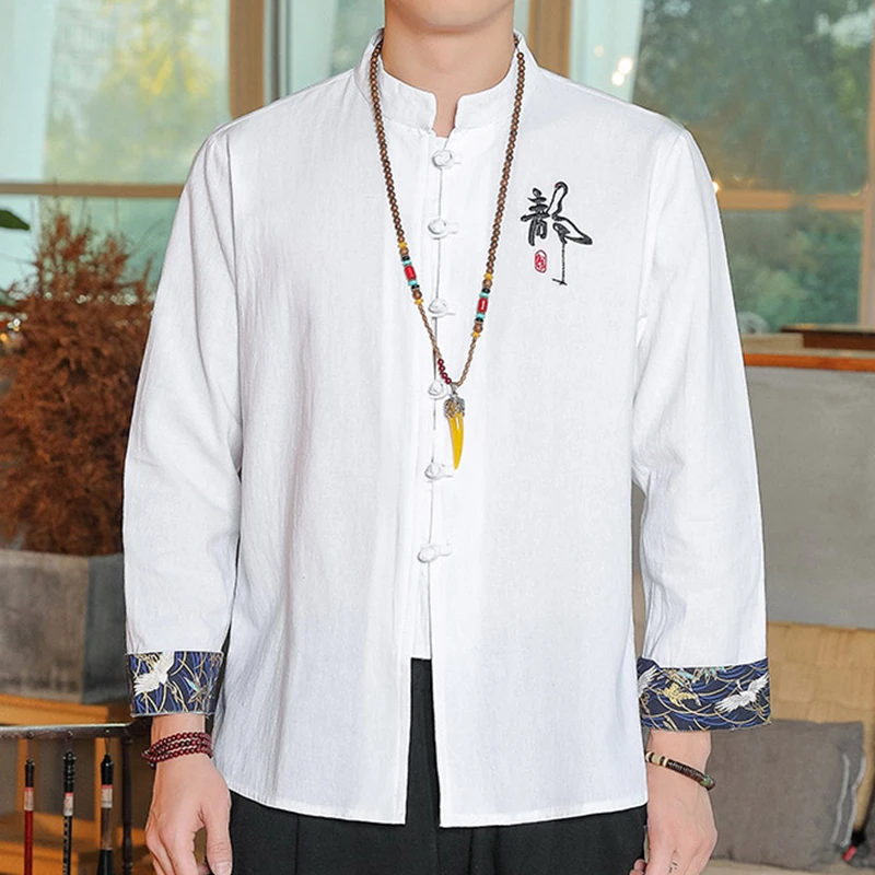 夏季唐装中国风棉麻男刺绣薄款长袖上衣中式立领大码禅修居士服