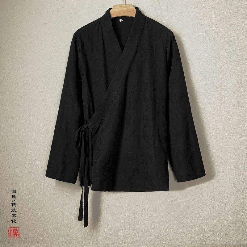 中国风男装居士服春秋季新中式提花斜襟V领系带汉服茶服宽松外套