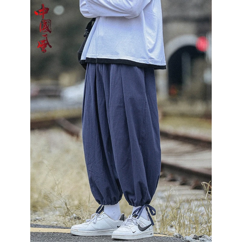 胖子中国风复古阔腿裤男大码宽松休闲肥佬裤灯笼裤潮牌夏季束脚裤