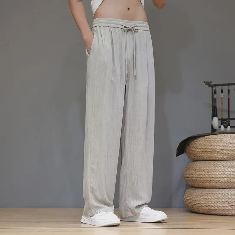 亚麻裤子男士夏季薄款潮牌休闲长裤垂感棉麻阔腿裤直筒宽松运动裤