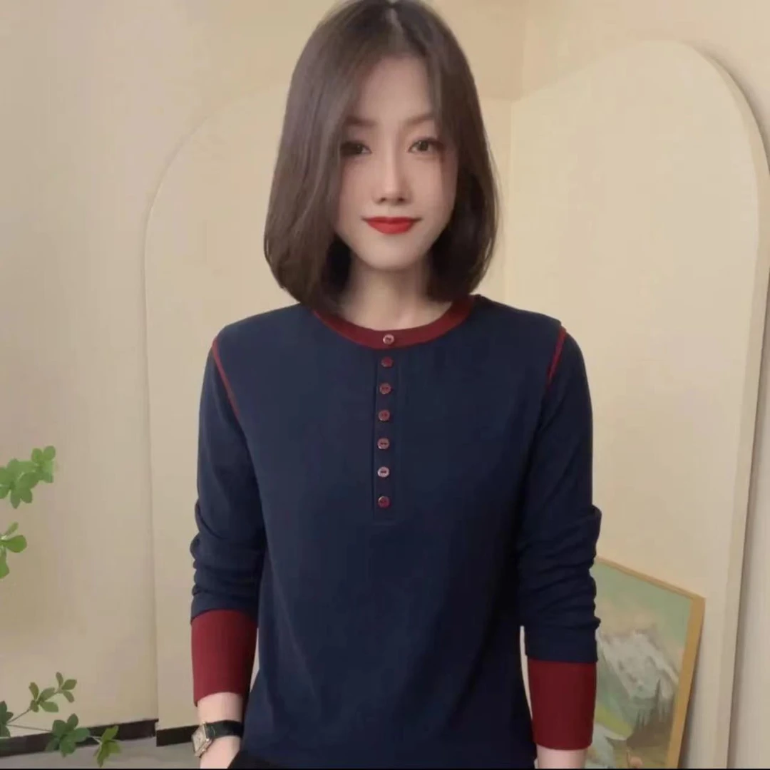 秋季新款圆领长袖T撞色设计感时尚女士修生小衫套头秋冬百搭显瘦