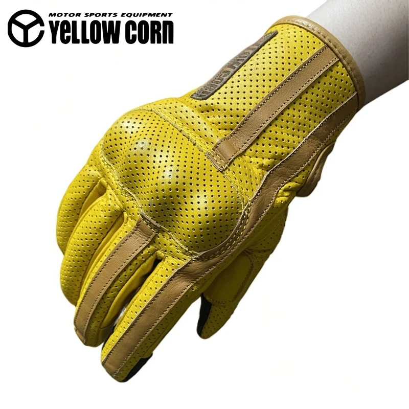日本YELLOWCORN摩托机车春夏秋打孔牛皮手套防摔复古触屏骑行手套