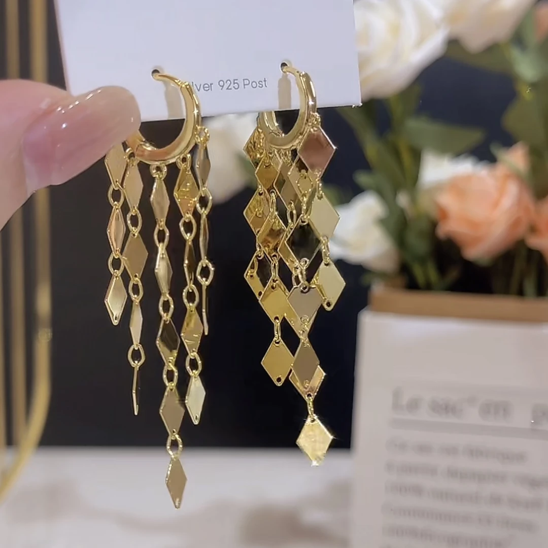 铜合金耳饰  925银针耳饰 W315金色菱形长流苏耳环百搭简约