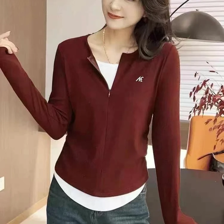 2409款新款假两件拼色抽褶显瘦内搭上衣打底衫