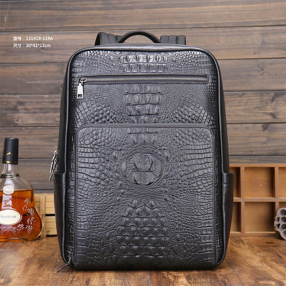 鳄鱼纹真皮双肩背包男士商务潮流学生书包头层牛皮电脑包旅游时尚