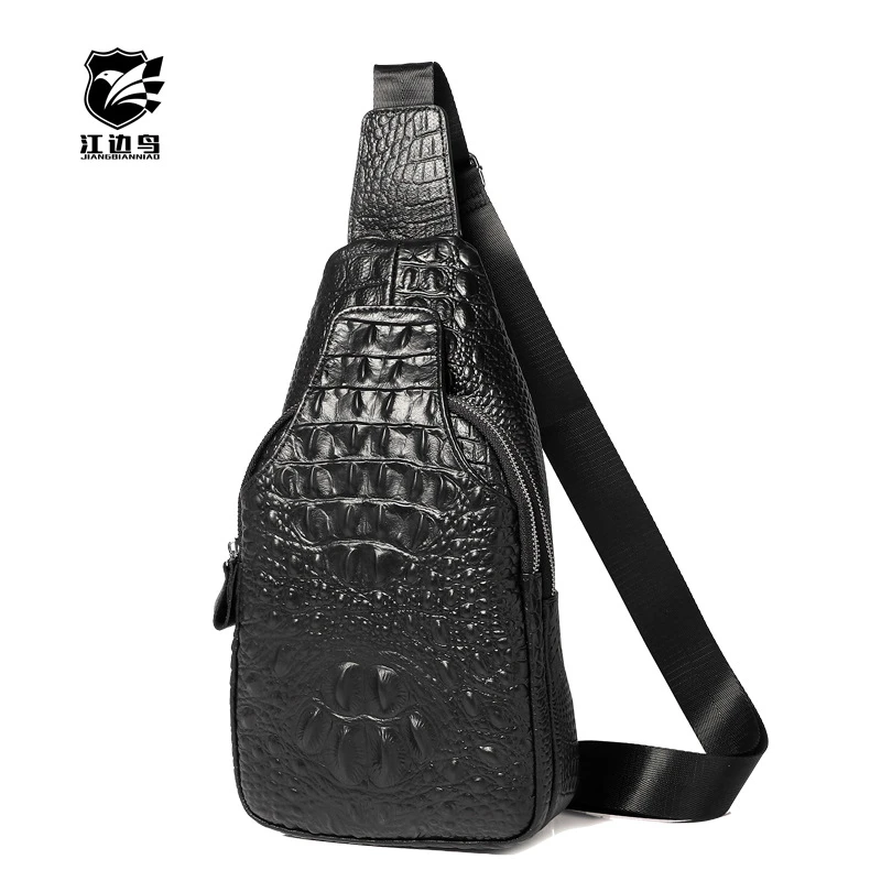 男士胸包牛皮时尚真皮鳄鱼纹肩包胸前包头层牛皮斜挎包包百搭韩版