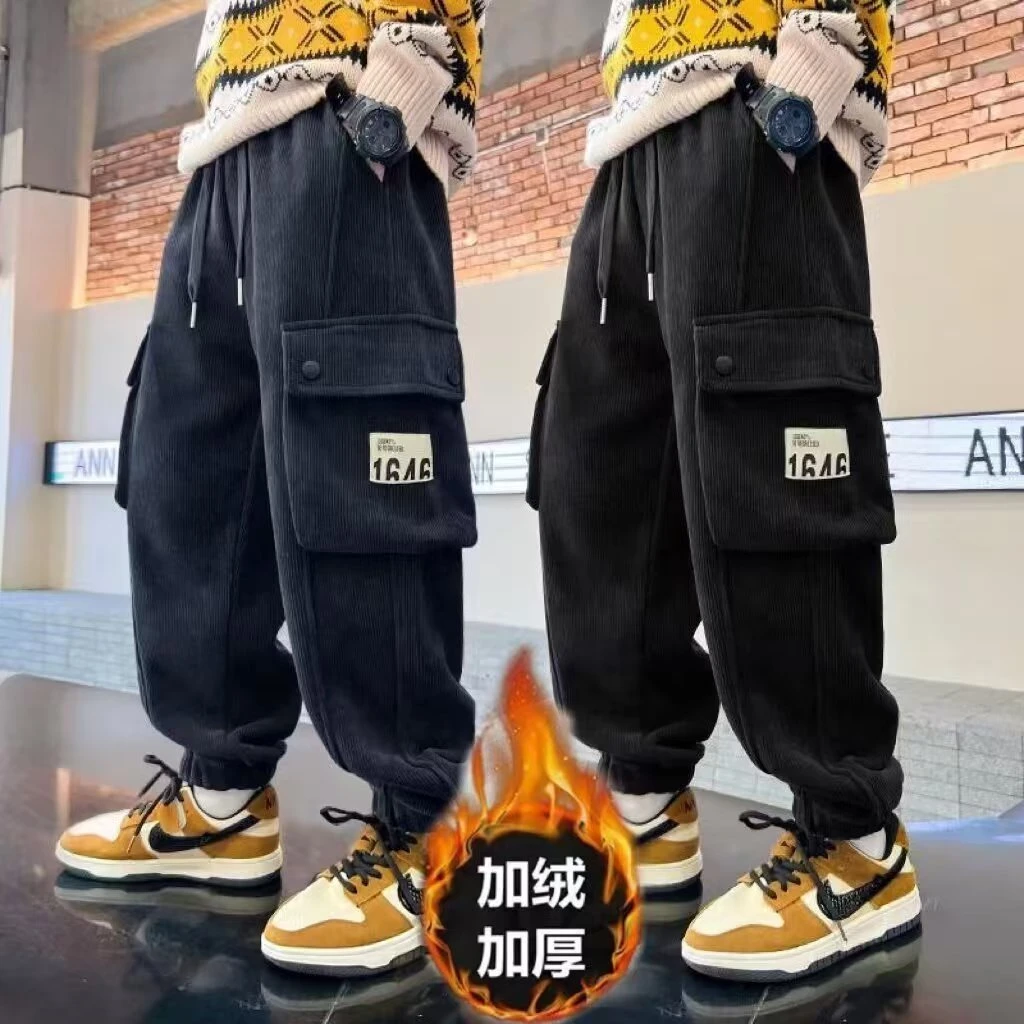 男童工装裤秋冬季一体加绒2025新款中大童宽松加厚保暖休闲裤外穿