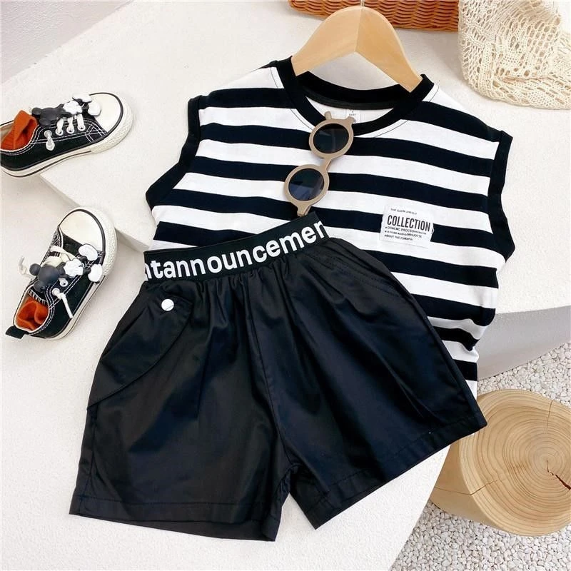 儿童夏季套装中小童两件套无袖条纹纯棉T恤洋气短裤时尚韩版潮