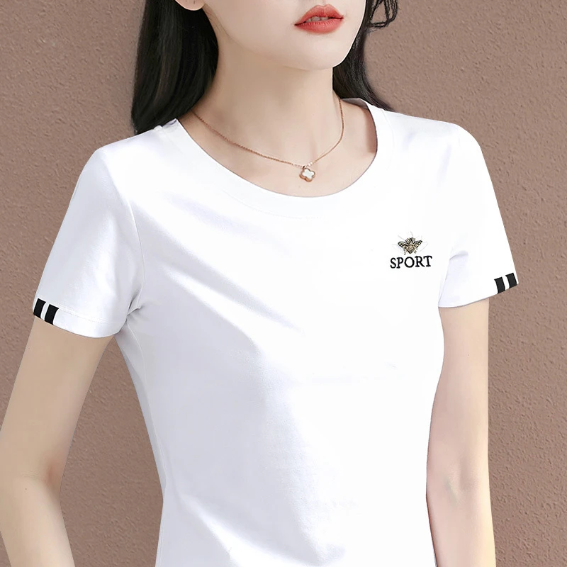 白色圆领短袖t恤女2025夏季新款女装薄款上衣修身正肩半袖体恤衫